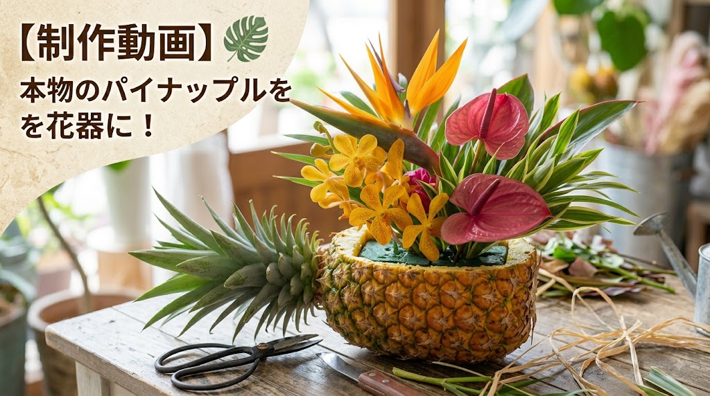 【制作動画】本物のパイナップルを花器に！夏にぴったりなトロピカルアレンジメント | 三重県 津市 ハワイアン フラワー 花屋 NaPuA ナプア 各種フラワーレッスン 通信販売